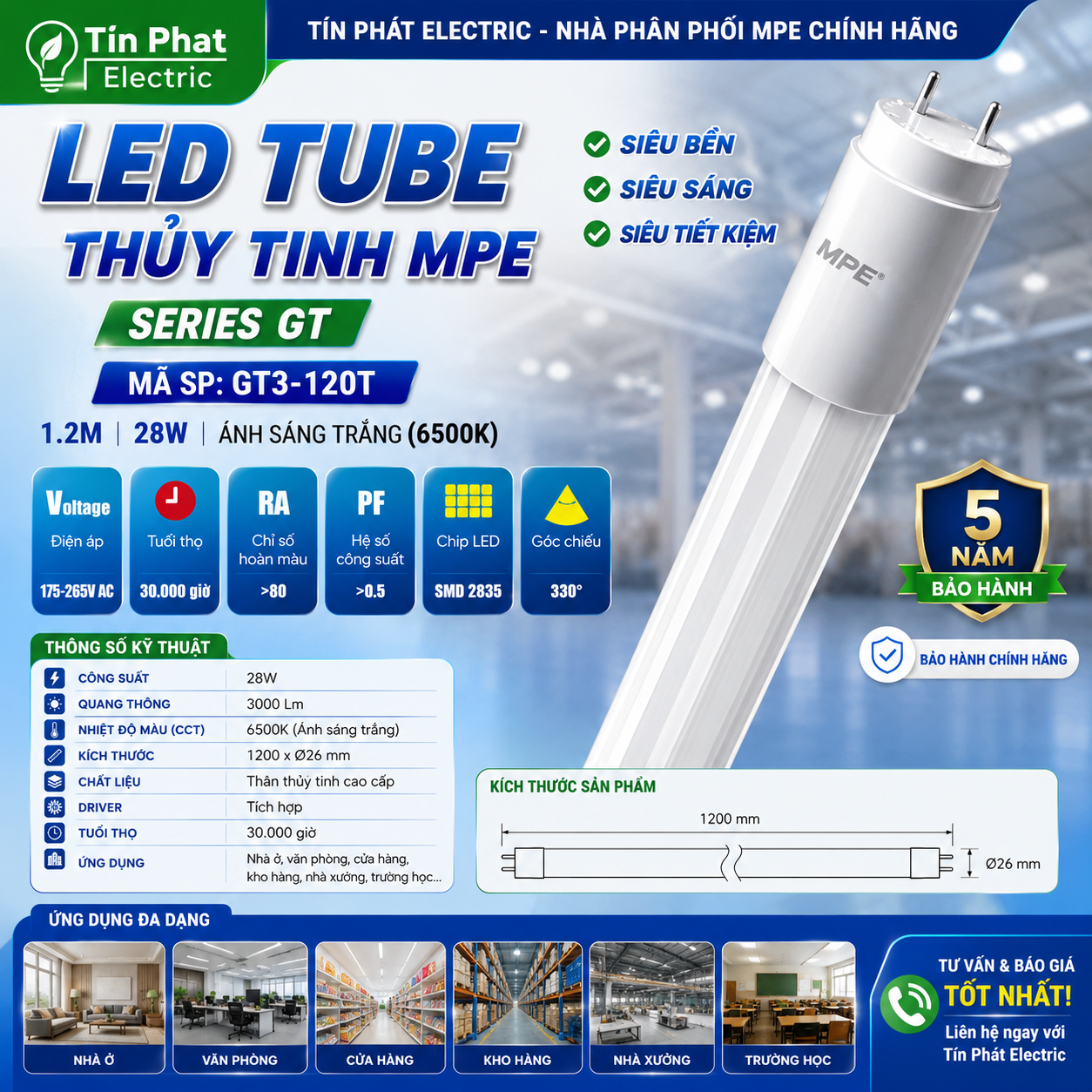 Bóng Đèn LED Tuýp 1m2 MPE GT3-120T 28W – Siêu Sáng, Tiết Kiệm Điện | Tín Phát Electric