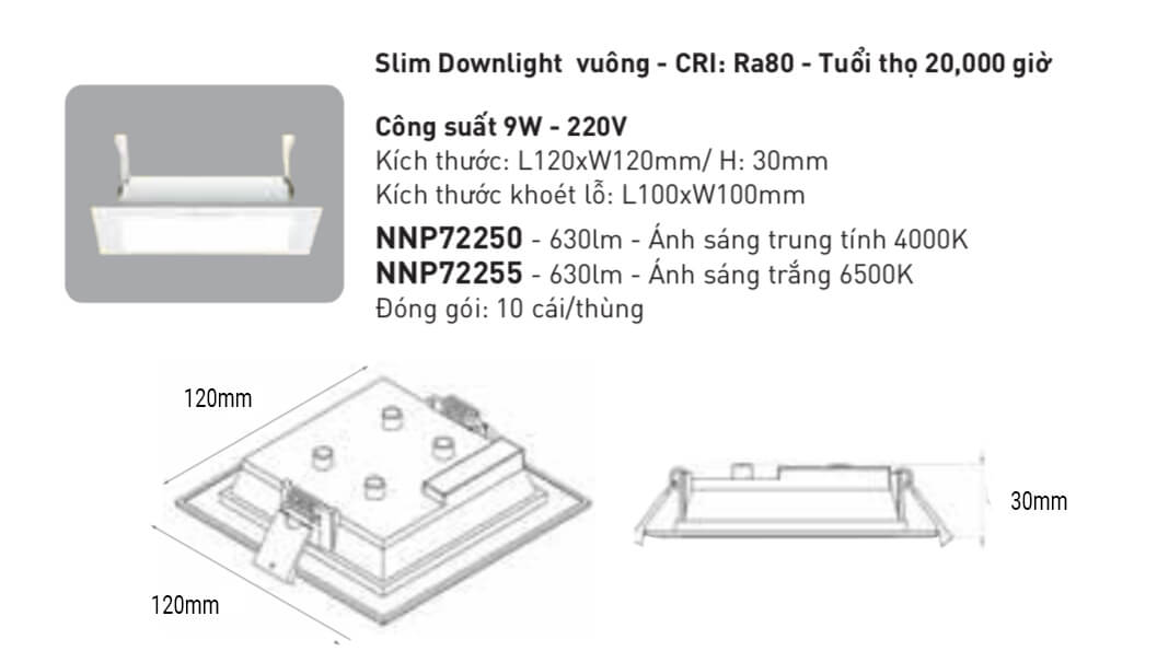 Đèn Led Âm trần panel (Panasonic) neo slim downlight loại đơn sắc Vuông, Ánh sáng trung tính NNP72250