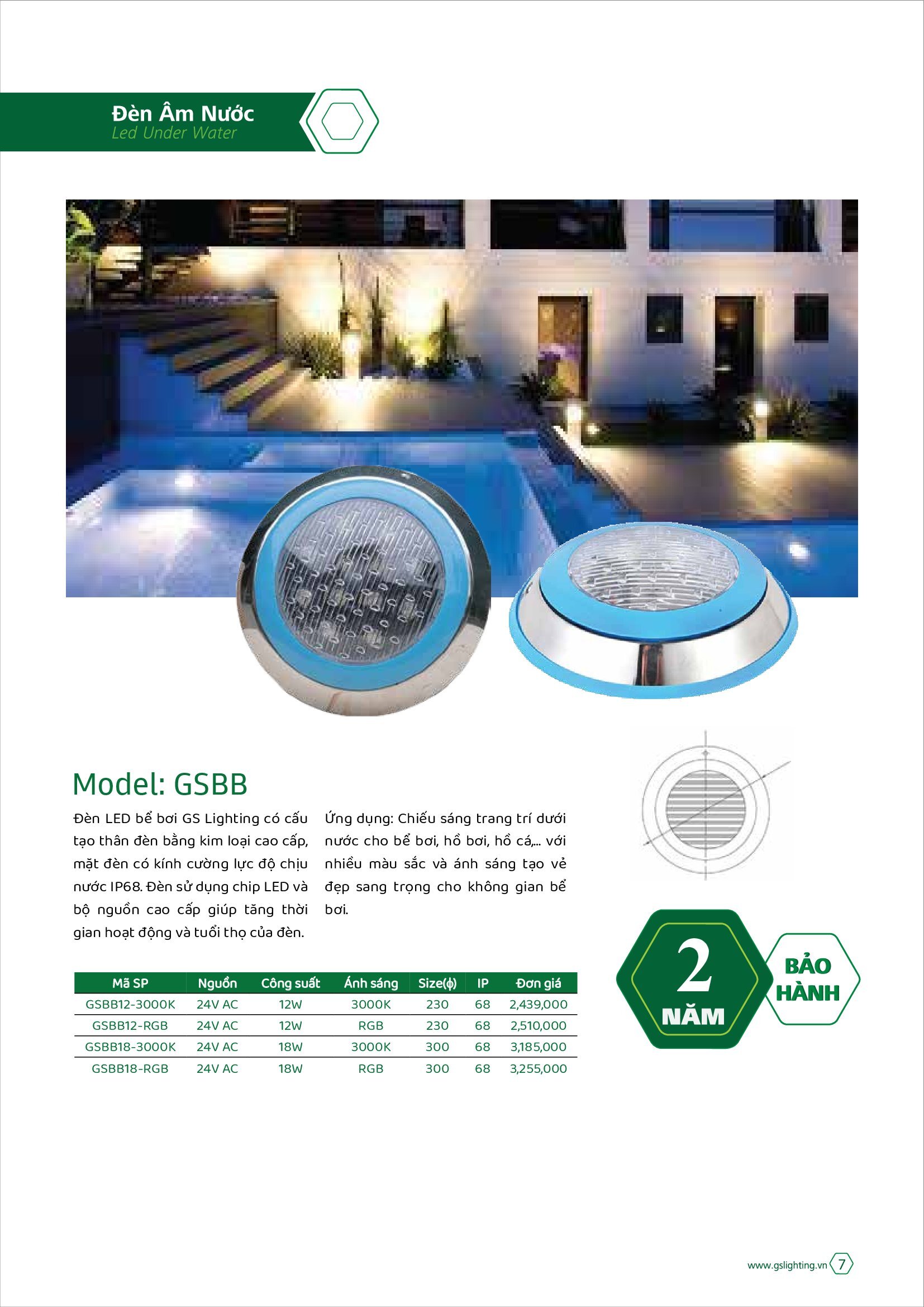 Đèn LED Bể Bơi Công Suất 18W GSBB18 Ánh sáng đổi màu