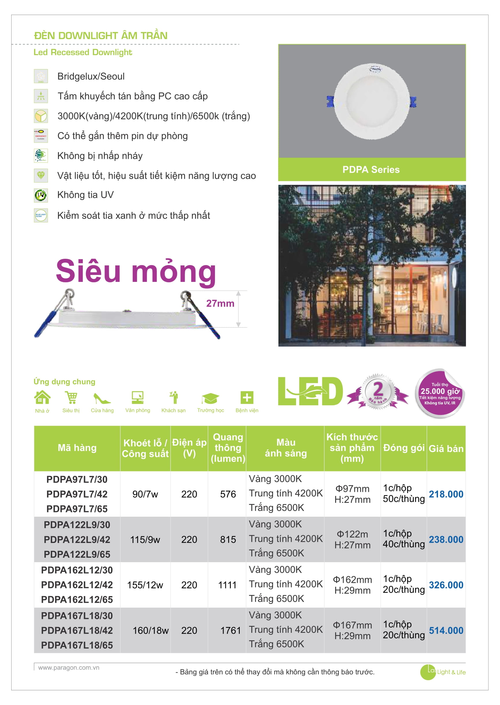 PARAGON - Catalogue Bảng giá Đèn Led Paragon 2023