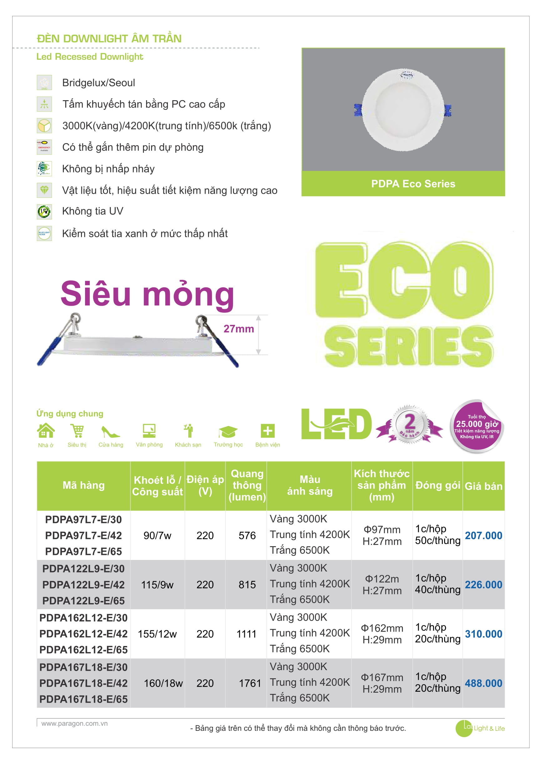 PARAGON - Catalogue Bảng giá Đèn Led Paragon 2023