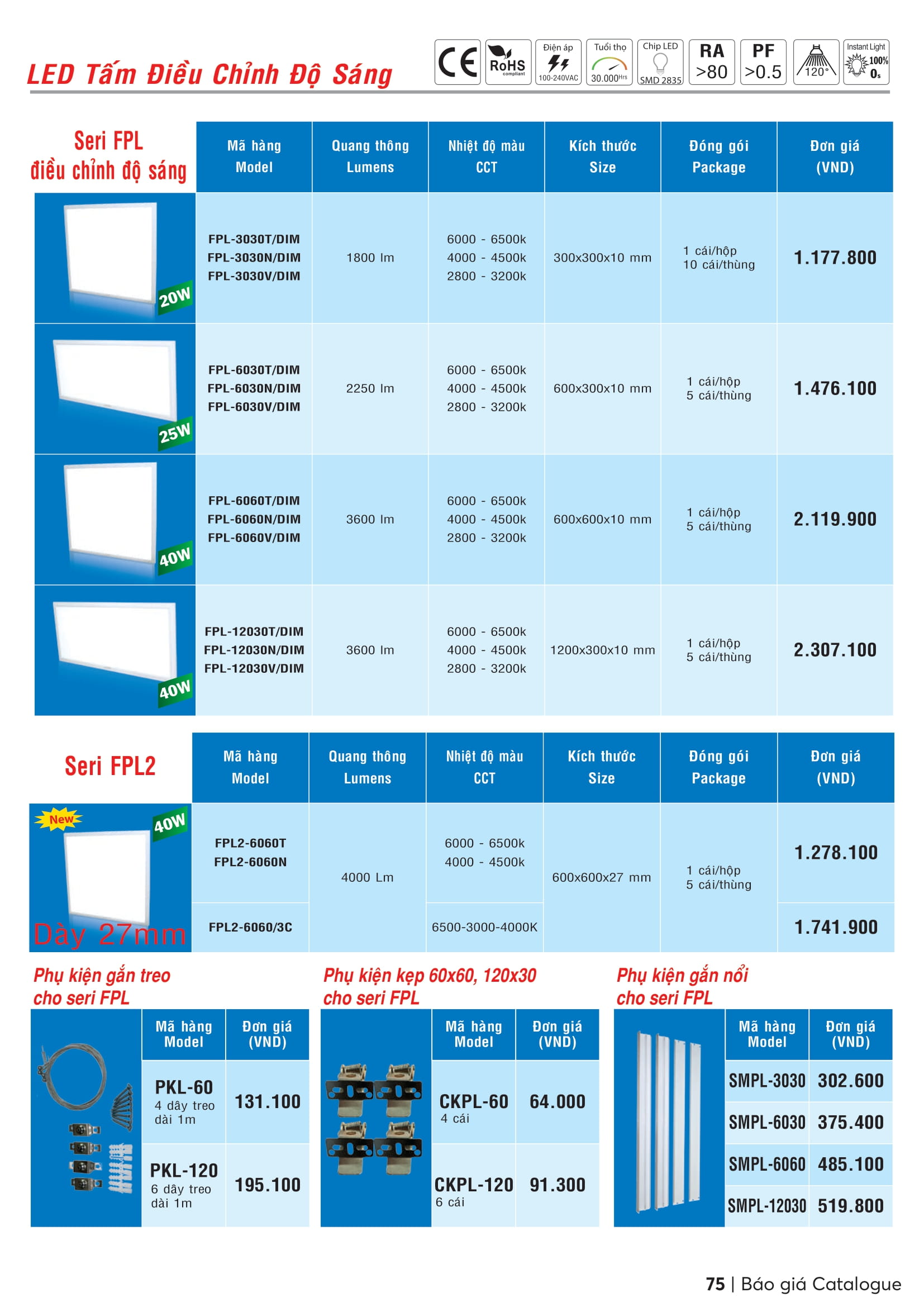 LED PANEL LỚN FPL-3030 TRẮNG, VÀNG, TRUNG TÍNH SERIES FPL (MPE)