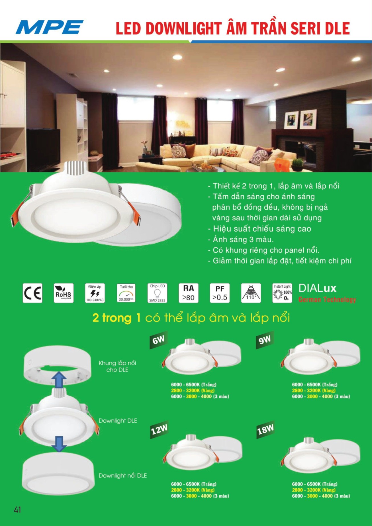 ĐÈN LED DOWNLIGHT 3 MÀU DLE 18W