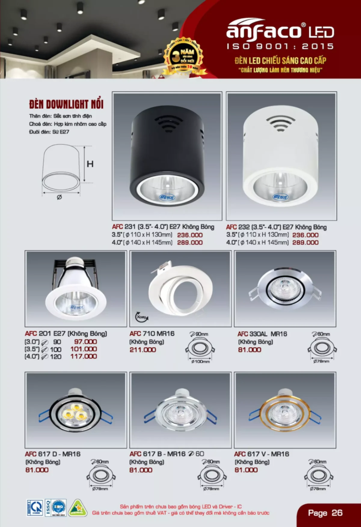 Bảng giá Đèn Led ANFACO (Catalogue 2023)