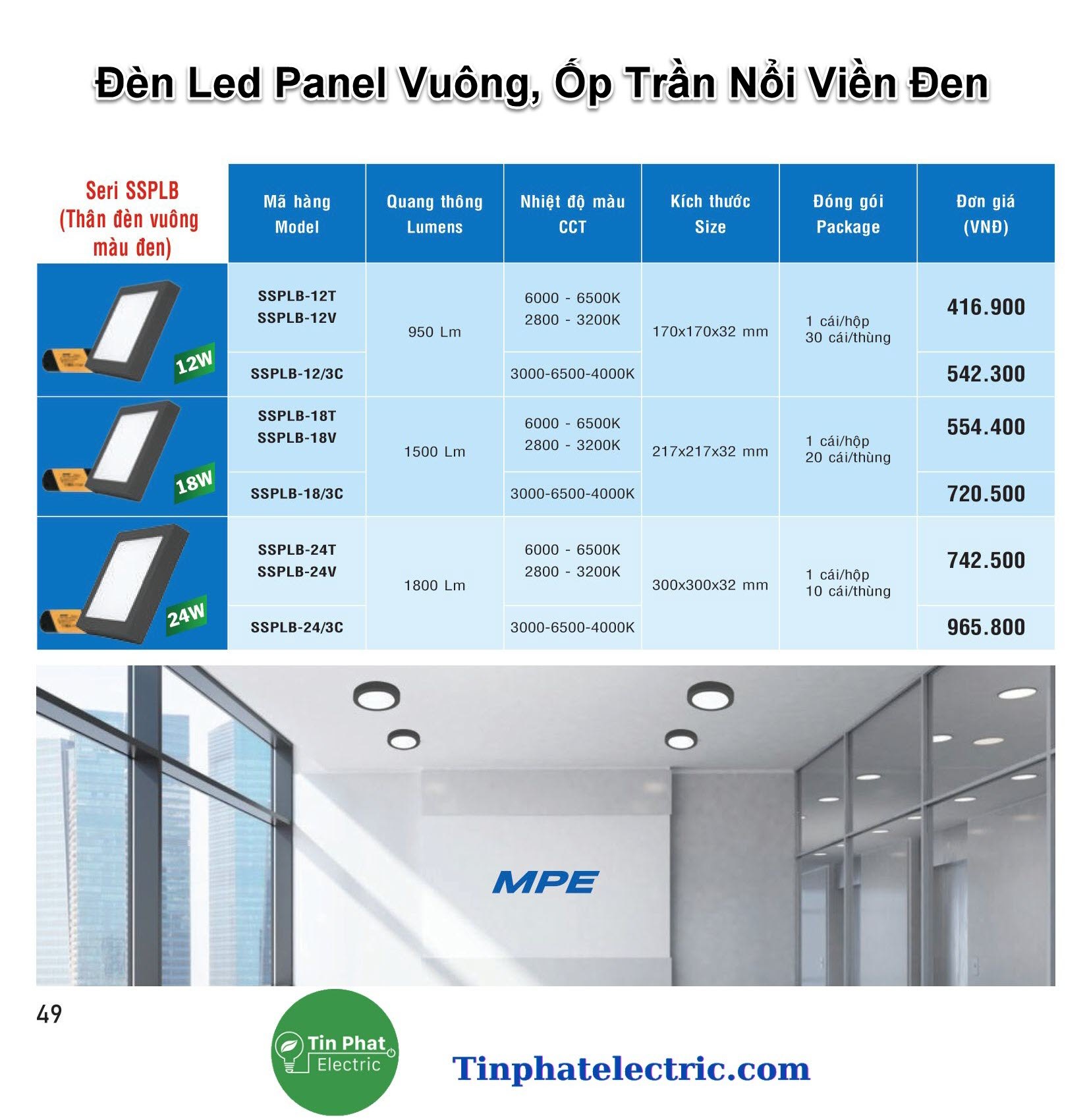 SSPLB-18T (Đèn led panel vuông nổi viền đen 18W trắng)