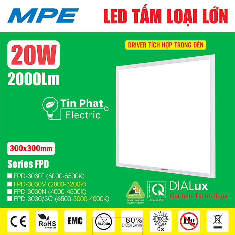 FPD-3030T (Đèn led panel 20W, 300x300x35mm trắng)