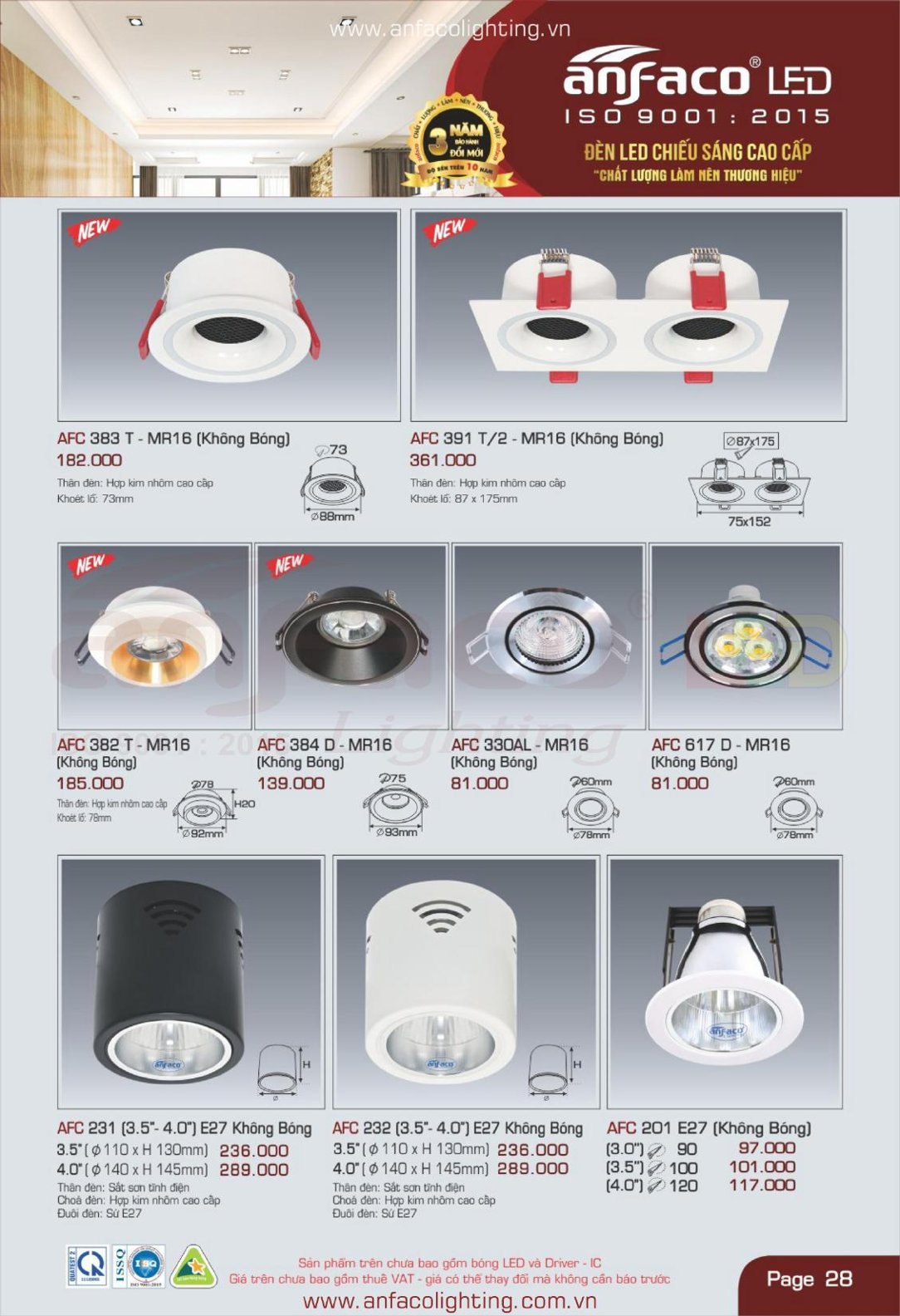 Bảng giá Đèn LED ANFACO (Catalogue 2024)