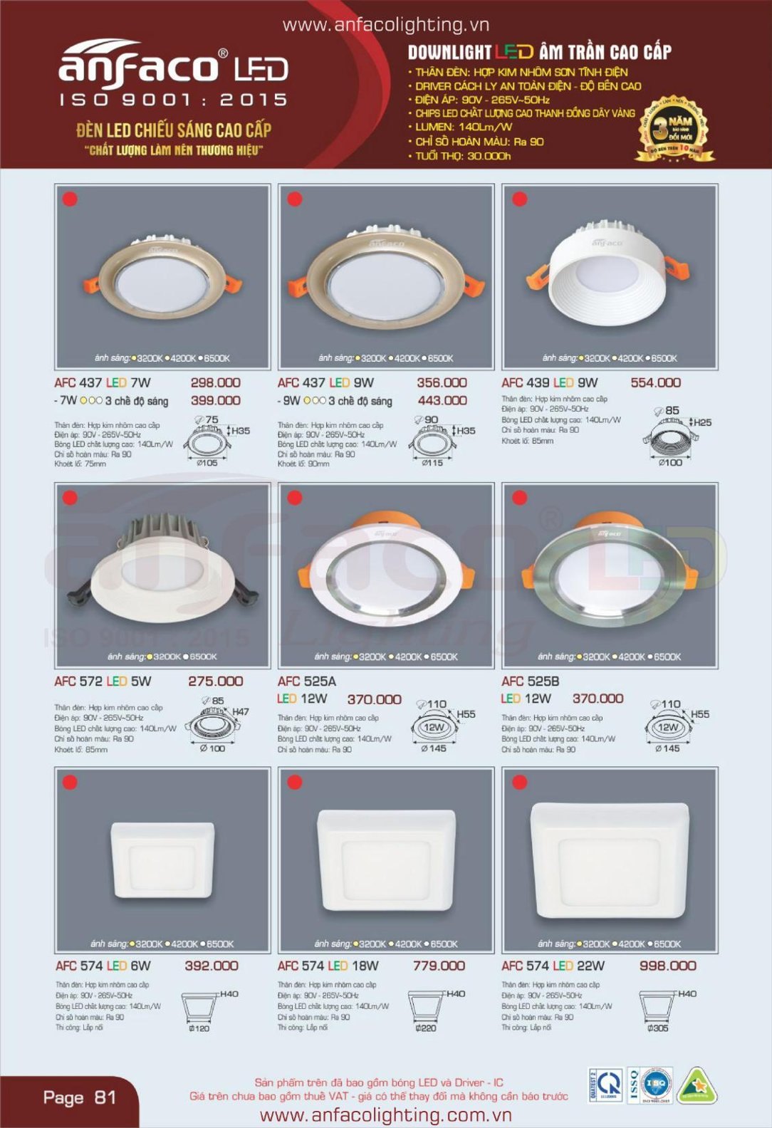 Bảng giá Đèn LED ANFACO (Catalogue 2024)