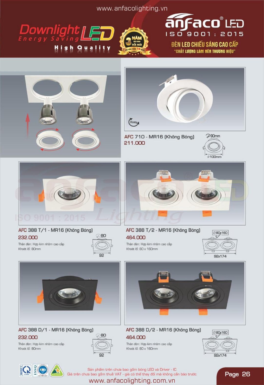 Bảng giá Đèn LED ANFACO (Catalogue 2024)