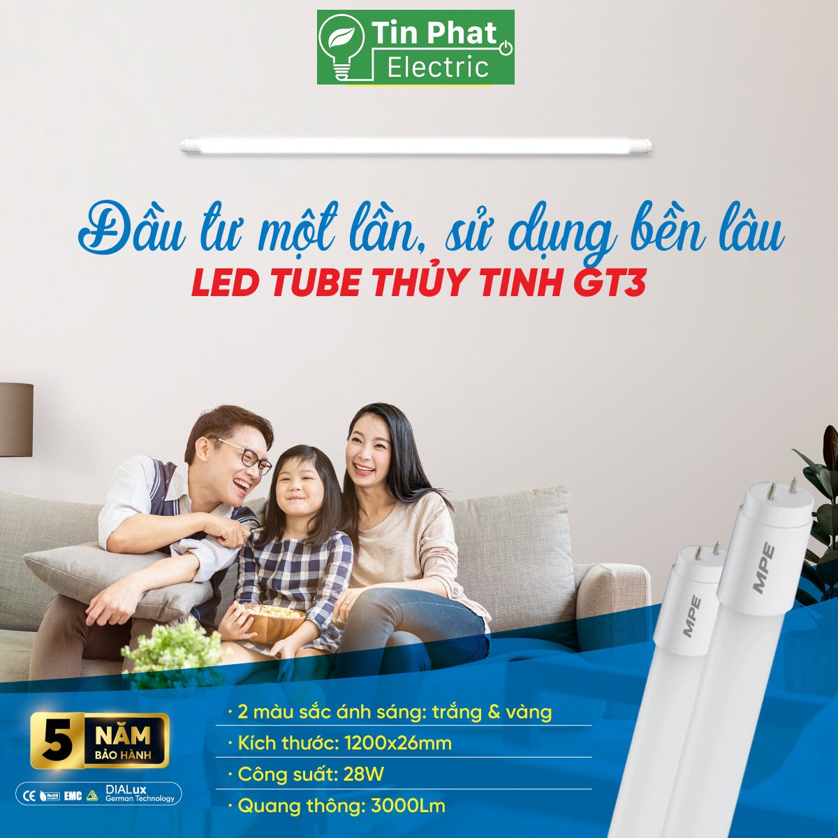 GT3-120T (Đèn led tube thủy tinh T3 1.2m trắng)