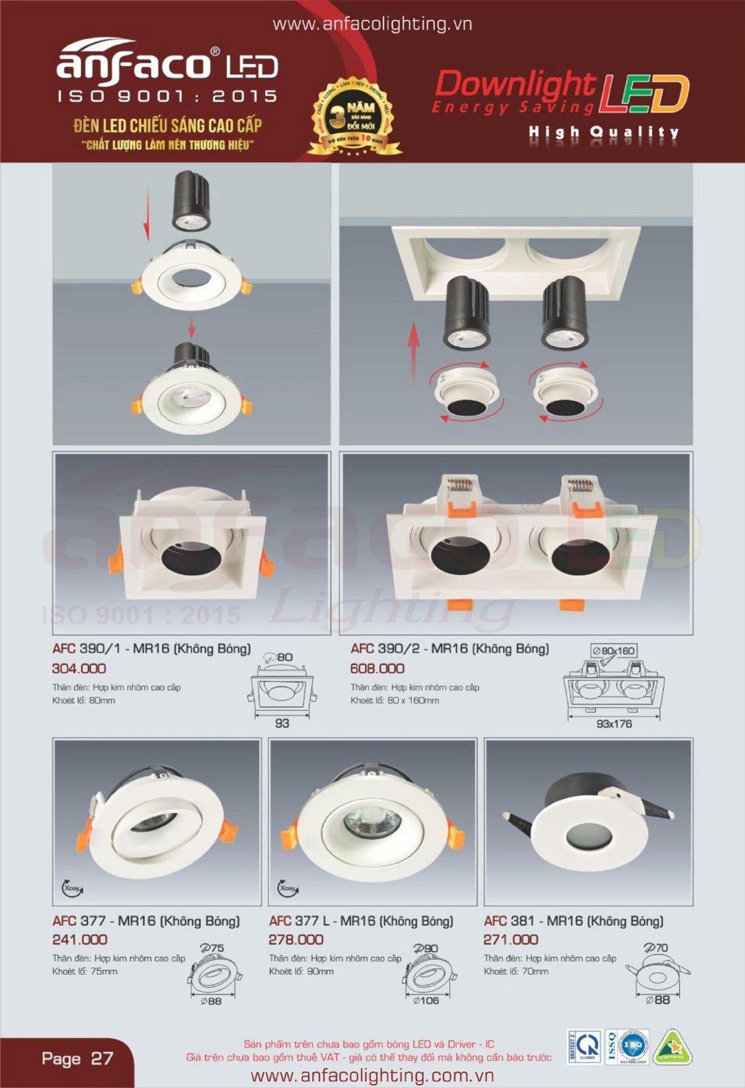 Bảng giá Đèn LED ANFACO (Catalogue 2024)