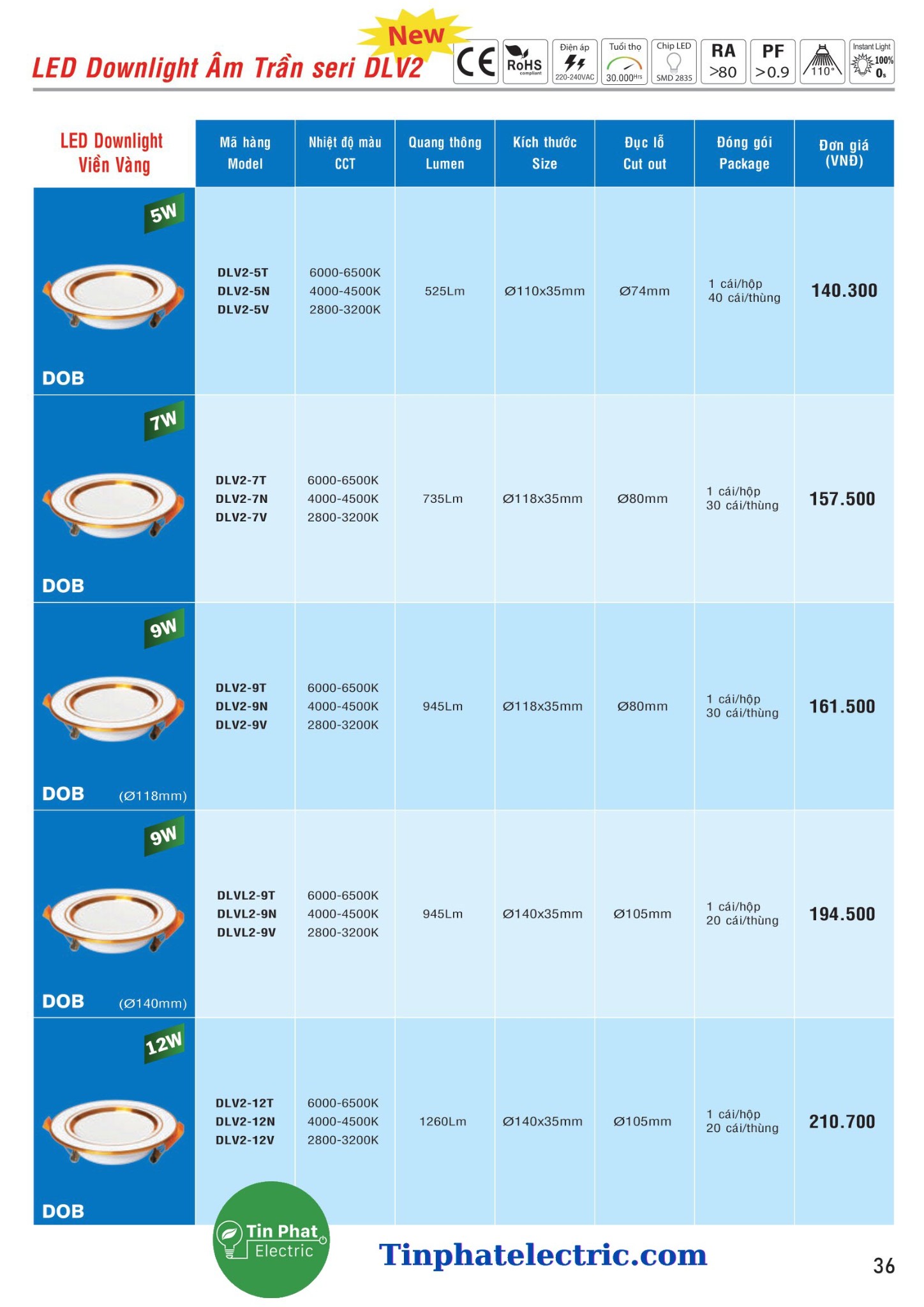 DLV2-12T ( ĐÈN LED DOWNLIGHT DLV2 12W: VIỀN VÀNG )