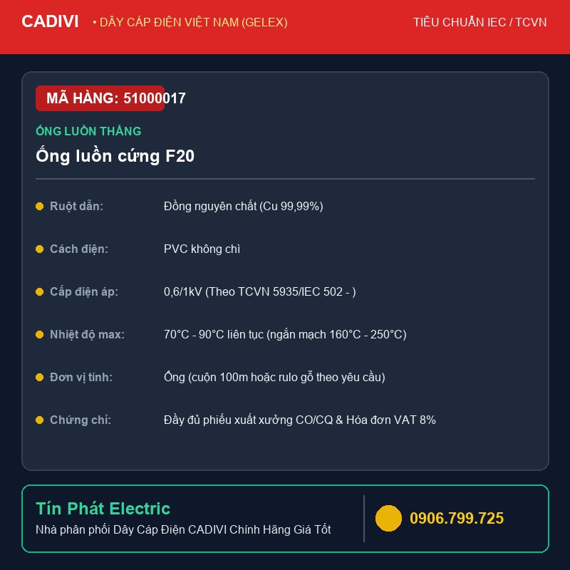 51000017 - Dây Cáp Điện CADIVI Ống luồn cứng F20 - Ống luồn thẳng