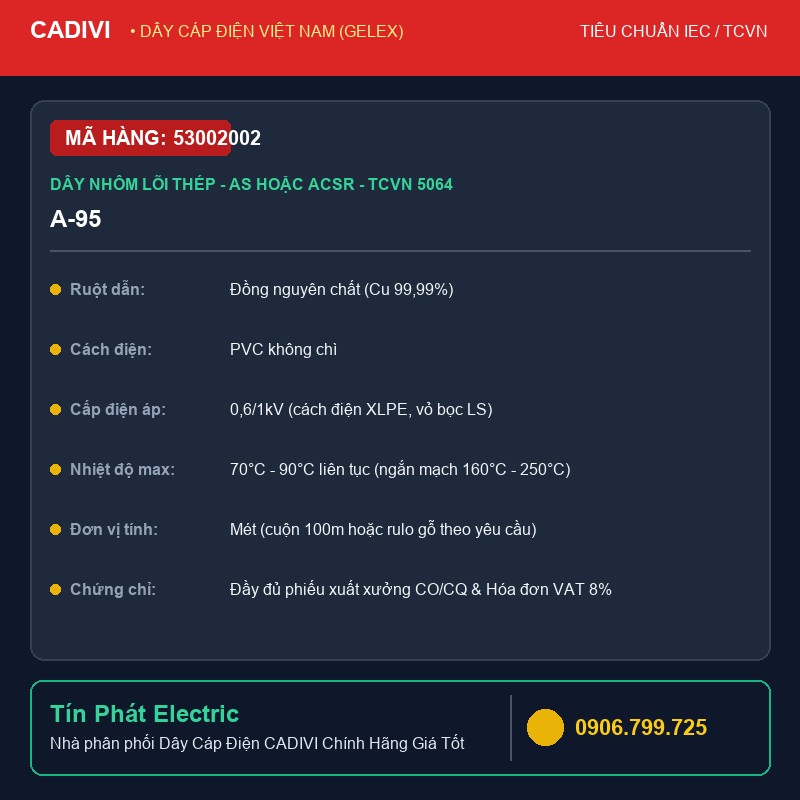 53002002 - Dây Cáp Điện CADIVI A-95 - Dây nhôm lõi thép - As hoặc ACSR - TCVN 5064