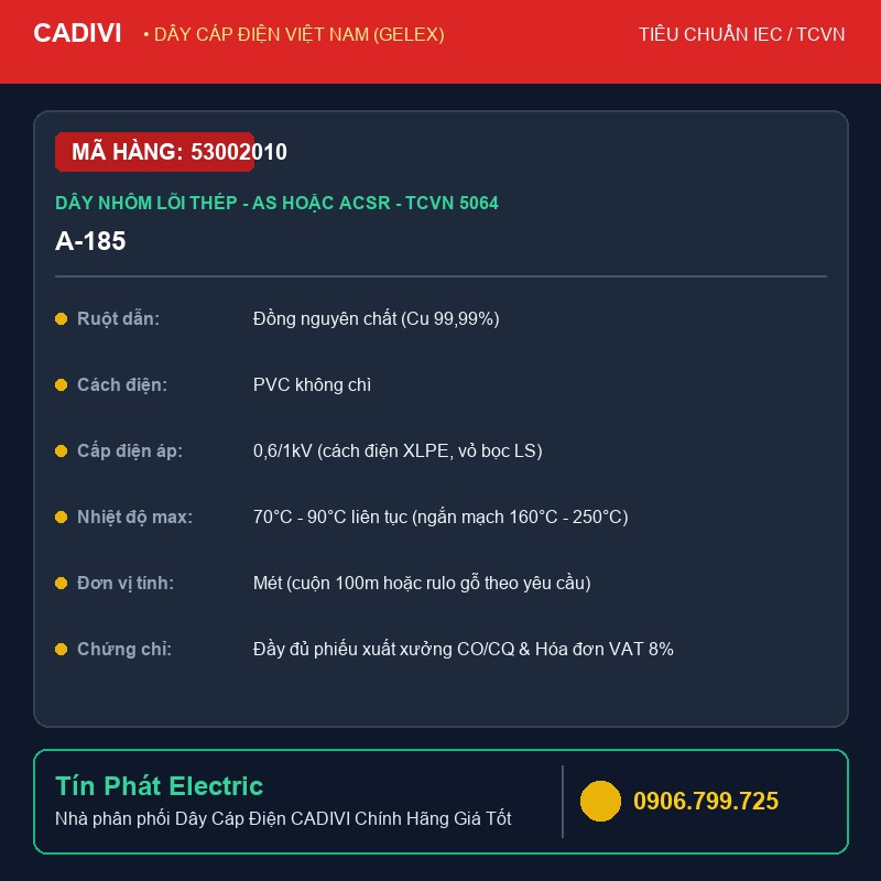 53002010 - Dây Cáp Điện CADIVI A-185 - Dây nhôm lõi thép - As hoặc ACSR - TCVN 5064