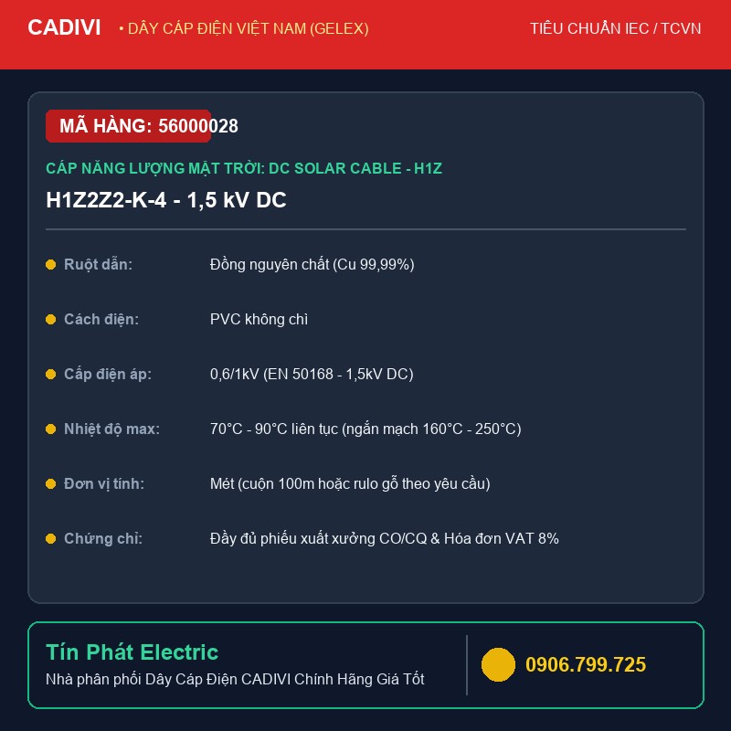 56000028 - Dây Cáp Điện CADIVI H1Z2Z2-K-4 - 1,5 kV DC - Cáp năng lượng mặt trời: DC Solar cable - H1Z2Z2-K