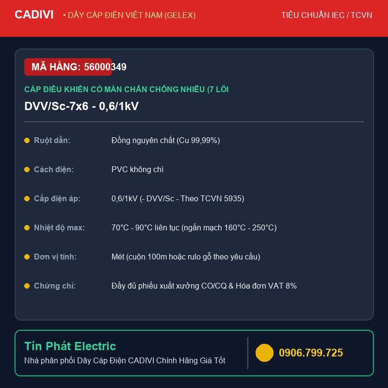 56000349 - Dây Cáp Điện CADIVI DVV/Sc-7x6 - 0,6/1kV - Cáp điều khiển có màn chắn chống nhiễu (7 lõi, ruột đồng, cách điện PVC, vỏ bọc PVC)