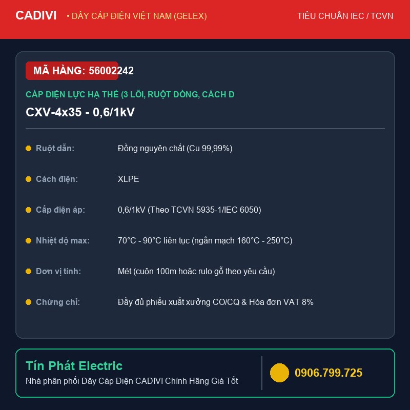 56002242 - Dây Cáp Điện CADIVI CXV-4x35 - 0,6/1kV - Cáp điện lực hạ thế (3 lõi, ruột đồng, cách điện XLPE, vỏ bọc PVC) - CXV