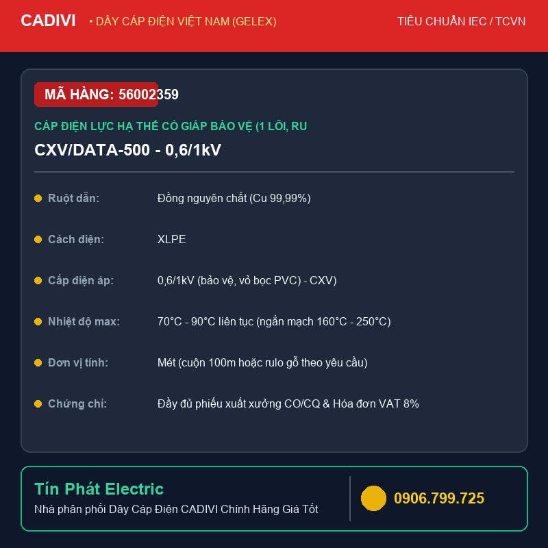 56002359 - Dây Cáp Điện CADIVI CXV/DATA-500 - 0,6/1kV - Cáp điện lực hạ thế có giáp bảo vệ (1 lõi, ruột đồng, cách điện XLPE, giáp băng nhôm