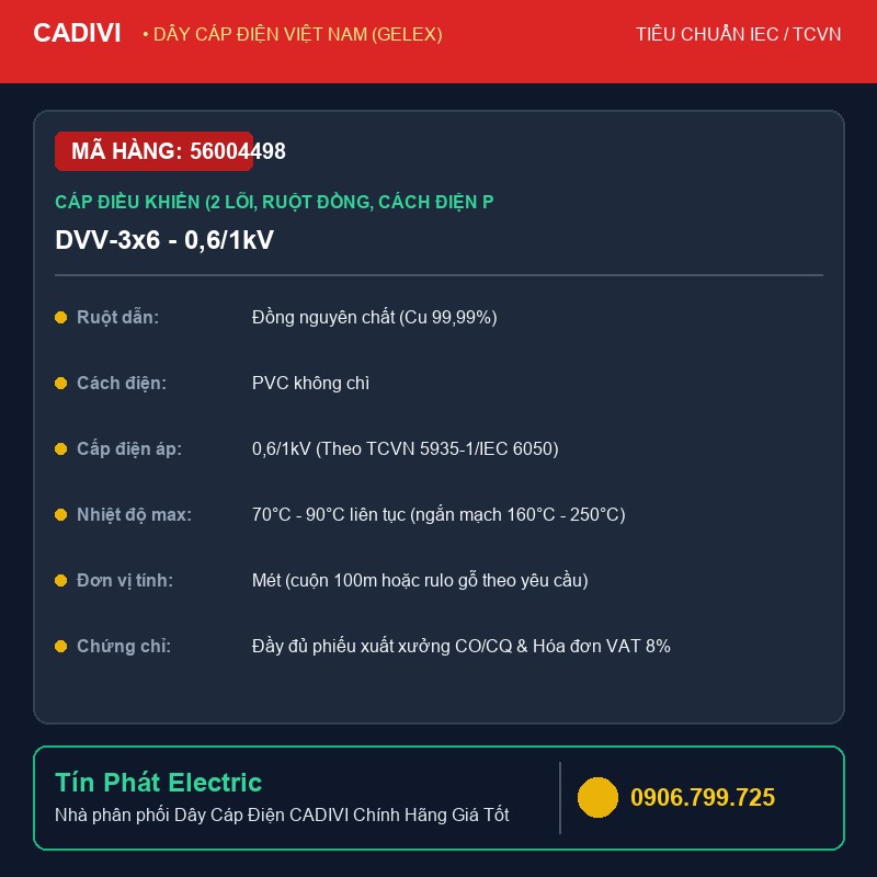 56004498 - Dây Cáp Điện CADIVI DVV-3x6 - 0,6/1kV - Cáp điều khiển (2 lõi, ruột đồng, cách điện PVC, vỏ bọc PVC) - DVV