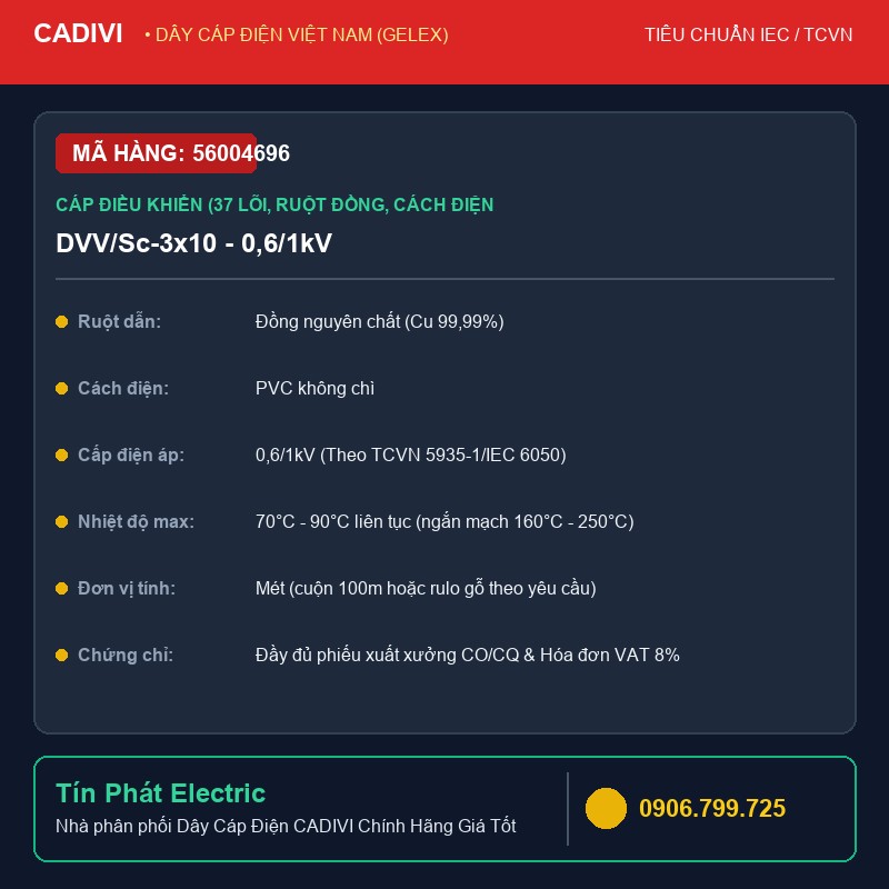 56004696 - Dây Cáp Điện CADIVI DVV/Sc-3x10 - 0,6/1kV - Cáp điều khiển (37 lõi, ruột đồng, cách điện PVC, vỏ bọc PVC) - DVV