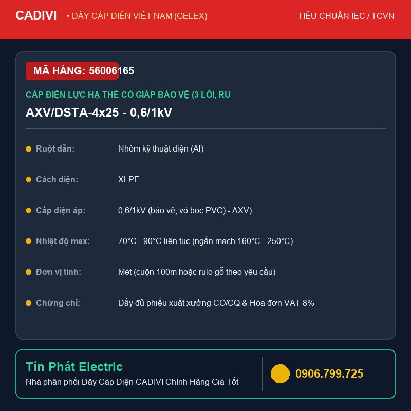 56006165 - Dây Cáp Điện CADIVI AXV/DSTA-4x25 - 0,6/1kV - Cáp điện lực hạ thế có giáp bảo vệ (3 lõi, ruột nhôm, cách điện XLPE, giáp băng thép