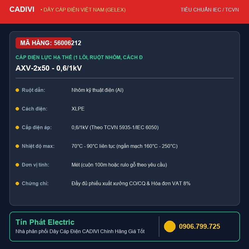 56006212 - Dây Cáp Điện CADIVI AXV-2x50 - 0,6/1kV - Cáp điện lực hạ thế (1 lõi, ruột nhôm, cách điện XLPE, vỏ bọc PVC) - AXV