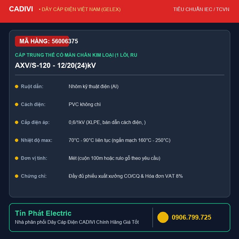 56006375 - Dây Cáp Điện CADIVI AXV/S-120 - 12/20(24)kV - Cáp trung thế có màn chắn kim loại (1 lõi, ruột nhôm, bán dẫn ruột dẫn, cách điện