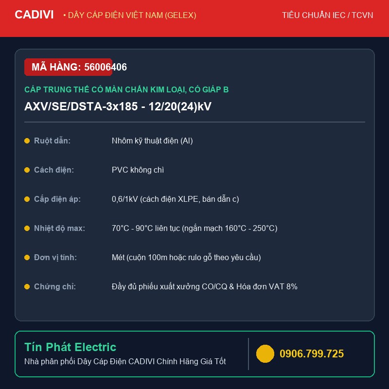 56006406 - Dây Cáp Điện CADIVI AXV/SE/DSTA-3x185 - 12/20(24)kV