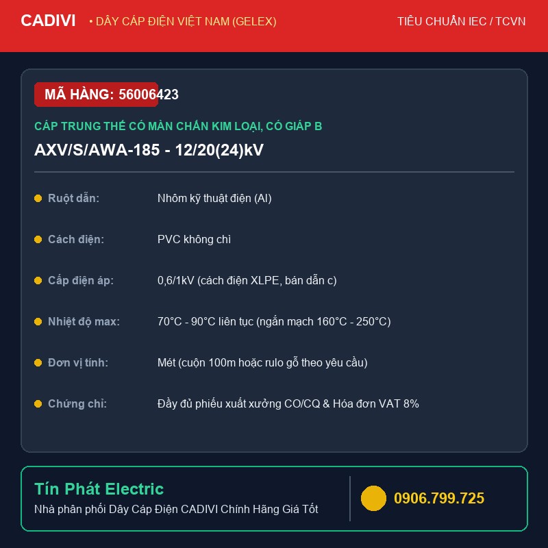 56006423 - Dây Cáp Điện CADIVI AXV/S/AWA-185 - 12/20(24)kV