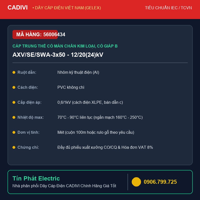 56006434 - Dây Cáp Điện CADIVI AXV/SE/SWA-3x50 - 12/20(24)kV