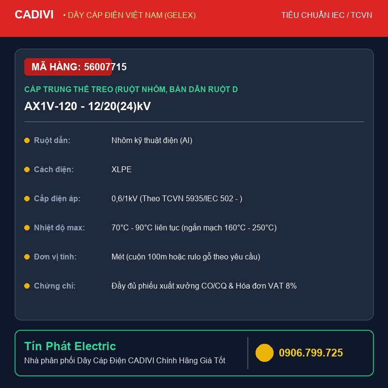 56007715 - Dây Cáp Điện CADIVI AX1V-120 - 12/20(24)kV - Cáp trung thế treo (ruột nhôm, bán dẫn ruột dẫn, cách điện XLPE, vỏ bọc PVC) - AX1V
