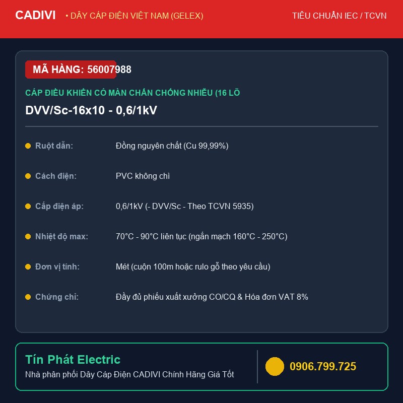 56007988 - Dây Cáp Điện CADIVI DVV/Sc-16x10 - 0,6/1kV - Cáp điều khiển có màn chắn chống nhiễu (16 lõi, ruột đồng, cách điện PVC, vỏ bọc PVC)