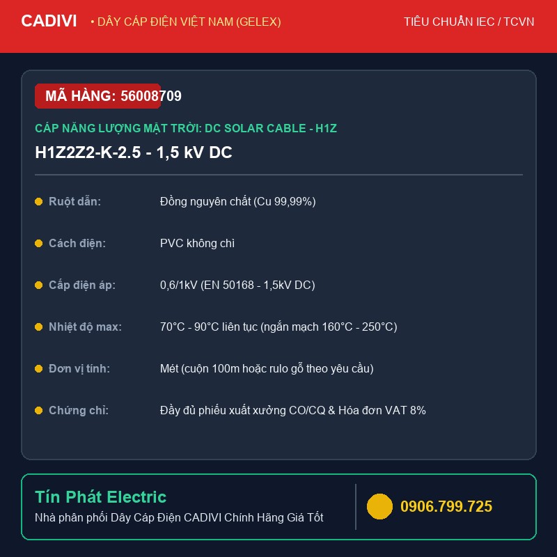 56008709 - Dây Cáp Điện CADIVI H1Z2Z2-K-2.5 - 1,5 kV DC - Cáp năng lượng mặt trời: DC Solar cable - H1Z2Z2-K