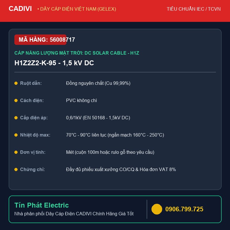 56008717 - Dây Cáp Điện CADIVI H1Z2Z2-K-95 - 1,5 kV DC - Cáp năng lượng mặt trời: DC Solar cable - H1Z2Z2-K