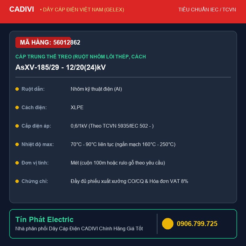 56012862 - Dây Cáp Điện CADIVI AsXV-185/29 - 12/20(24)kV - Cáp trung thế treo (ruột nhôm lõi thép, cách điện XLPE, vỏ bọc PVC) - AsXV