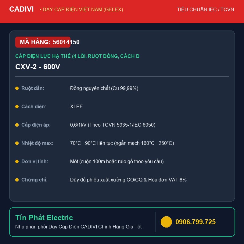 56014150 - Dây Cáp Điện CADIVI CXV-2 - 600V - Cáp điện lực hạ thế (4 lõi, ruột đồng, cách điện XLPE, vỏ bọc PVC) - CXV