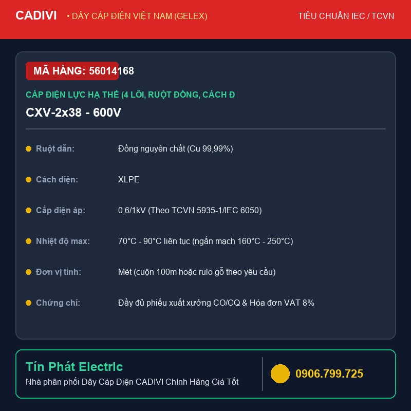 56014168 - Dây Cáp Điện CADIVI CXV-2x38 - 600V - Cáp điện lực hạ thế (4 lõi, ruột đồng, cách điện XLPE, vỏ bọc PVC) - CXV