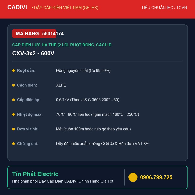 56014174 - Dây Cáp Điện CADIVI CXV-3x2 - 600V - Cáp điện lực hạ thế (2 lõi, ruột đồng, cách điện XLPE, vỏ bọc PVC) - CXV