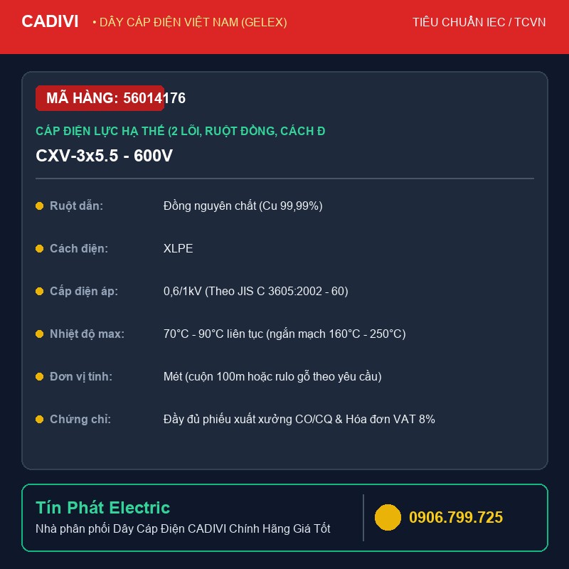 56014176 - Dây Cáp Điện CADIVI CXV-3x5.5 - 600V - Cáp điện lực hạ thế (2 lõi, ruột đồng, cách điện XLPE, vỏ bọc PVC) - CXV