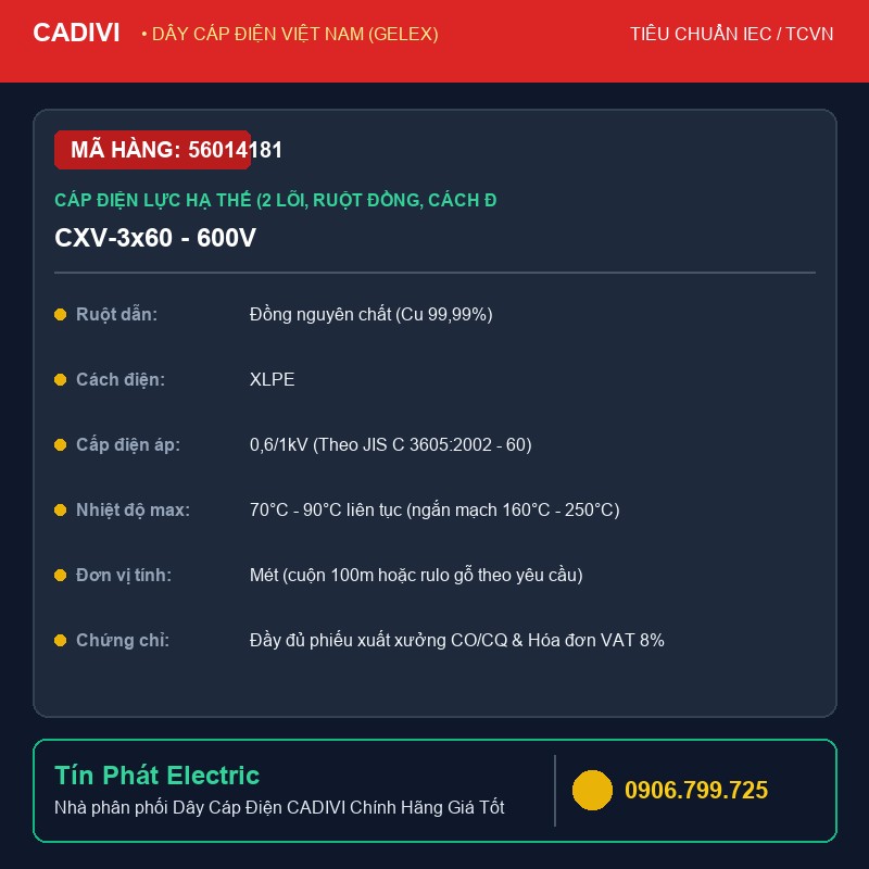 56014181 - Dây Cáp Điện CADIVI CXV-3x60 - 600V - Cáp điện lực hạ thế (2 lõi, ruột đồng, cách điện XLPE, vỏ bọc PVC) - CXV