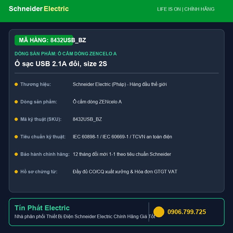 8432USB_BZ - Thiết Bị Điện Schneider 8432USB_BZ - Ổ sạc USB 2.1A đôi, size 2S