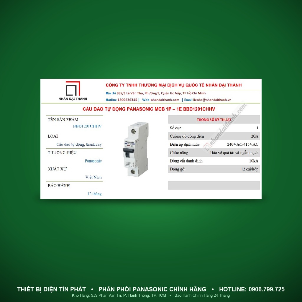 BBD120CHHV - BBD120CHHV – MCB 1P, 20A, 10kA – Panasonic