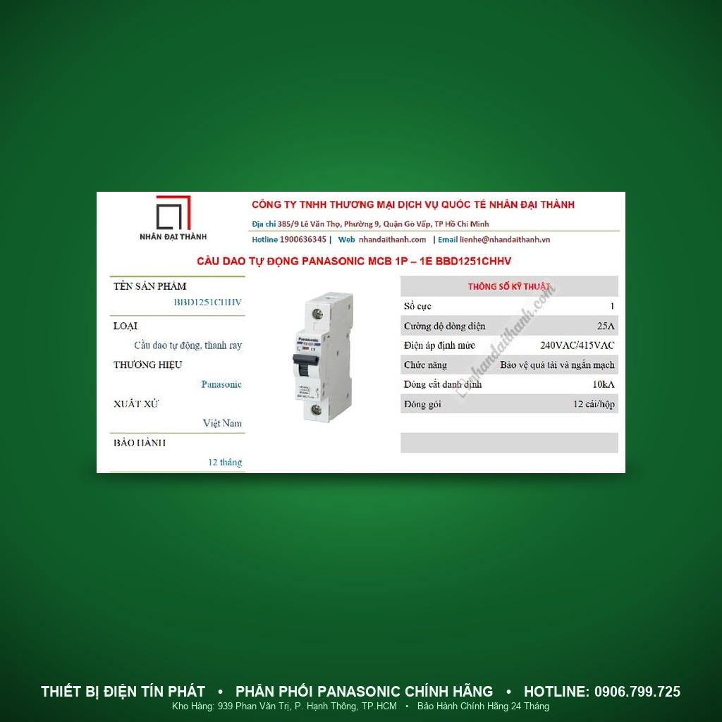 BBD125CHHV - BBD125CHHV – MCB 1P, 25A, 10kA – Panasonic