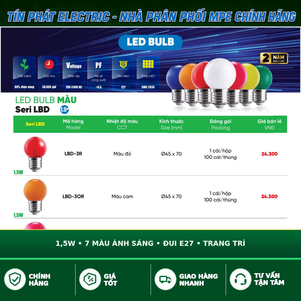 Bảng Giá LED Bulb MPE Series LBD Màu 1.5W
