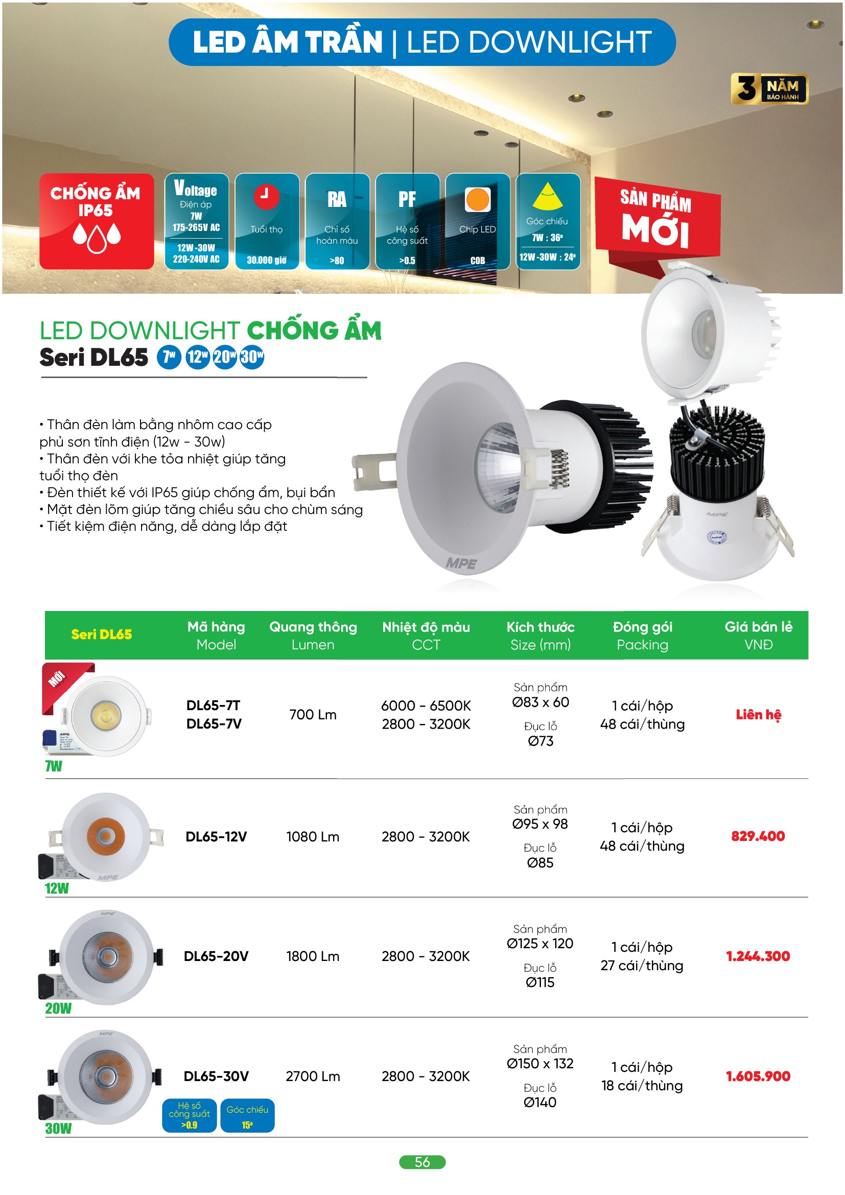 Bảng Giá LED Downlight Âm Trần MPE Series DL65 7W – 30W