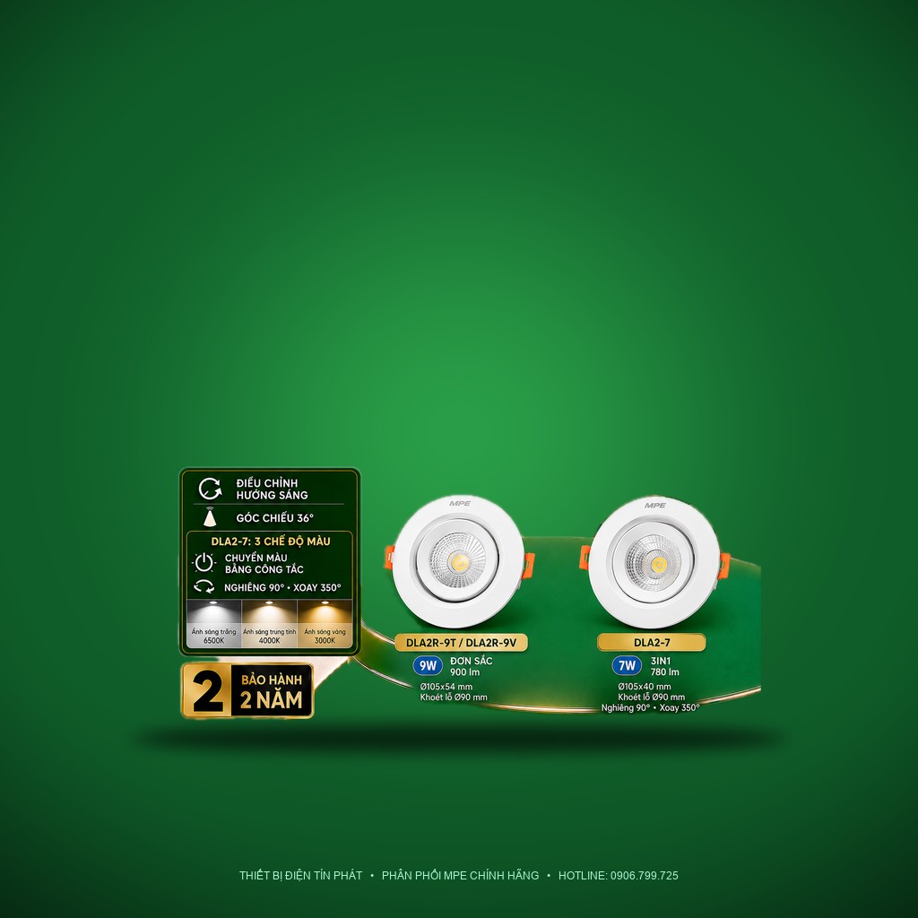Bảng Giá LED Downlight Âm Trần MPE Series DLA2-3IN1 7W