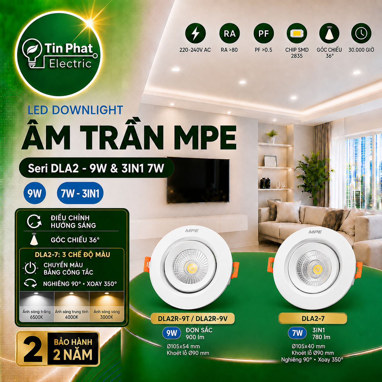 Bảng Giá LED Downlight Âm Trần MPE Series DLA2-3IN1 7W