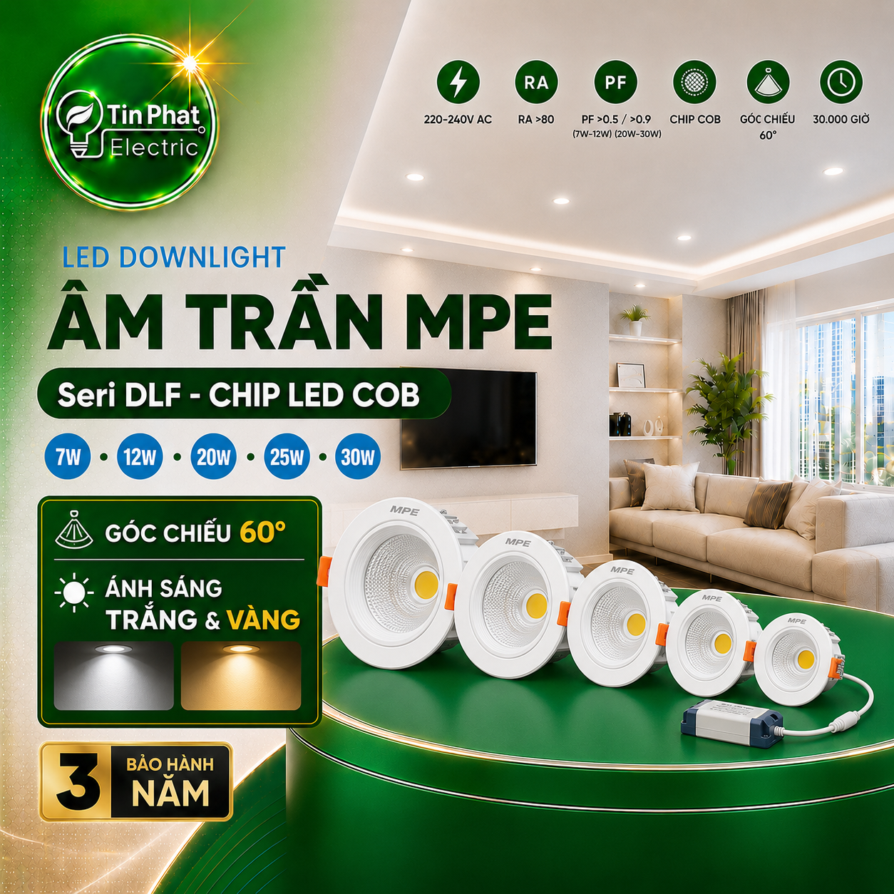 Bảng Giá LED Downlight Âm Trần MPE Series DLF 7W – 30W