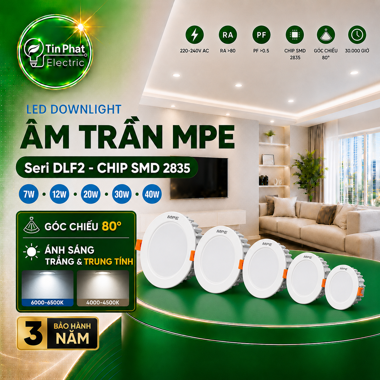 Bảng Giá LED Downlight Âm Trần MPE Series DLF2 7W – 40W